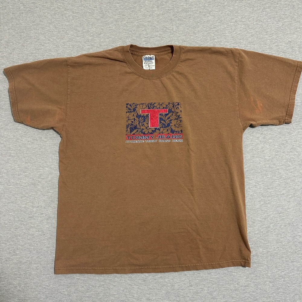 Vintage Tommy Jeans Graphic T Shirt Gildan Ultra Cotton 90s Street Brown Mens XL